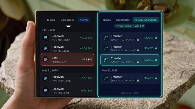 A tablet displays a crypto activity interface with tabs labeled “Tokens,” “Collectibles,” and “Activity,” including entries such as “Received,” “Sent,” and encrypted “Transfer” records marked “[SEALED].”