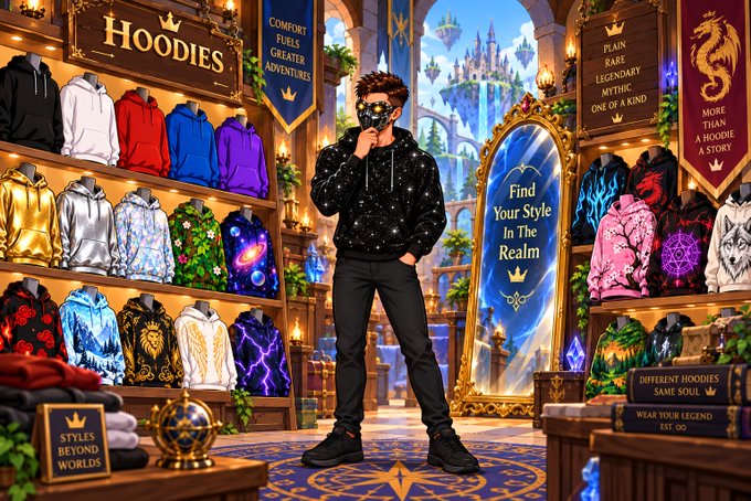 An AI-generated fantasy-themed image shows a person in a starry black hoodie standing in a magical hoodie shop with signs reading 'HOODIES', 'Find Your Style In The Realm', and 'STYLES BEYOND WORLDS'.