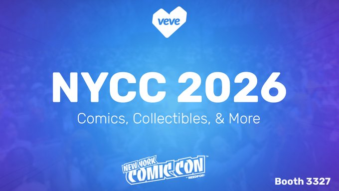 Promotional graphic for Veve's appearance at NYCC 2026 (New York Comic Con) featuring the text 'Comics, Collectibles, & More' and 'Booth 3327' on a blue background.