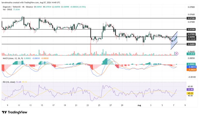 A TradingView chart displays Dogecoin (DOGE/USDT) on Binance with a 5-hour timeframe, showing the price currently at 0.06956 (down 0.55%), with a marked channel near the 0.07000 resistance level—aligning with the post's mention of $0.075 as a key upside target amid bullish sentiment from Trump's crypto comments and renewed spot DOGE ETF inflows.