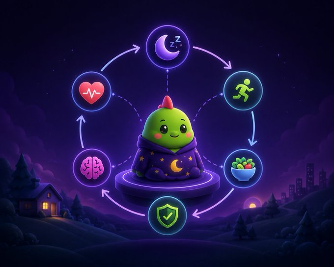 A digital illustration of a cute green creature in a starry purple robe at the center of a glowing circular diagram, surrounded by icons representing sleep, exercise, nutrition, protection, the brain, and heart health.