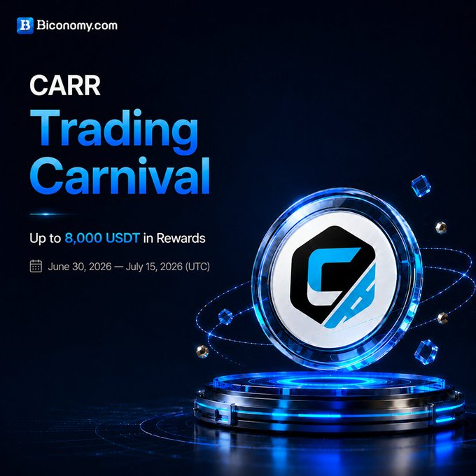 A promotional graphic from Biconomy.com for the 'CARR Trading Carnival' offering up to 8,000 USDT in rewards, running from June 30, 2026 to July 15, 2026, featuring the CARR token on a futuristic pedestal.