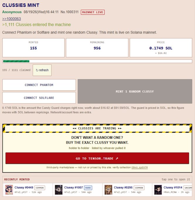 A minting page for "Clussies" on Solana mainnet shows 155 of 1,111 NFTs minted at 0.1749 SOL each, with a promoted link directing users to tensor.trade to buy specific Clussies on the secondary marketplace rather than receiving a random one.