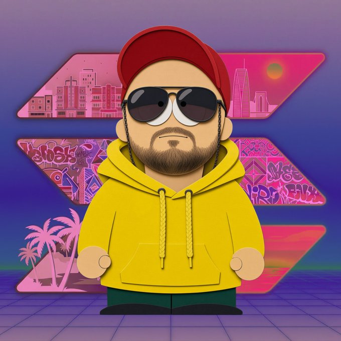 A South Park-style cartoon avatar of a bearded man wearing sunglasses, a red cap, and a yellow hoodie against a pink retro-futuristic synthwave background.