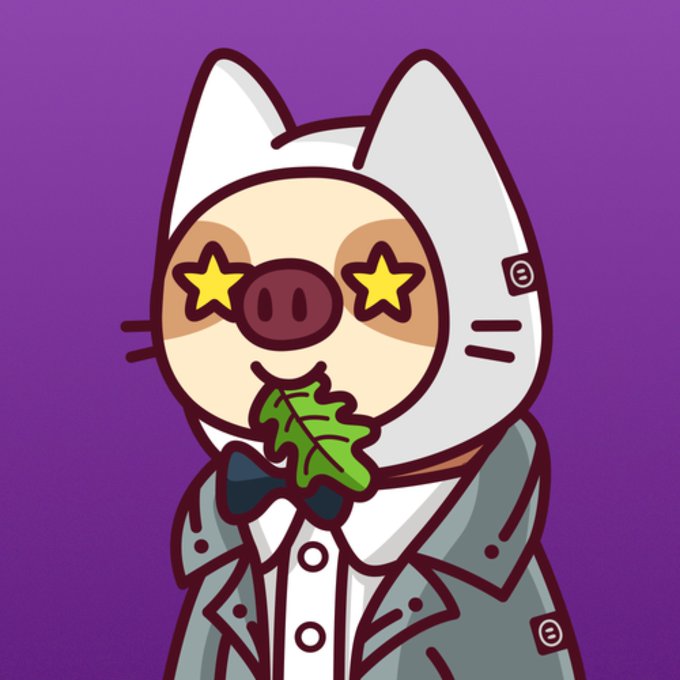 A cartoon illustration of a character wearing a gray cat hood, star-shaped sunglasses, and a gray jacket, eating a green leaf against a purple background.