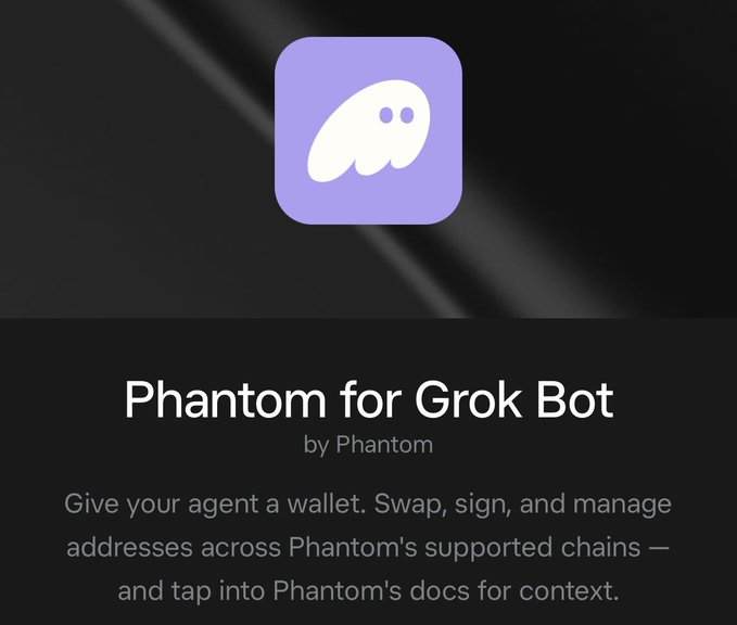A promotional graphic for "Phantom for Grok Bot" by Phantom, featuring the purple Phantom ghost logo on a dark background, with text explaining that the tool gives agents a wallet to "Swap, sign, and manage addresses across Phantom's supported chains — and tap into Phantom's docs for context." The image illustrates the integration the post mentions, where the user connected their Phantom wallet to Grok Bot to explore AI agent onboarding and wallet functionality across various platforms.