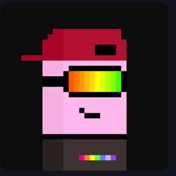 A pixel art illustration of a pink-skinned character wearing a red cap and rainbow-gradient sunglasses, with a colorful stripe on its black shirt.