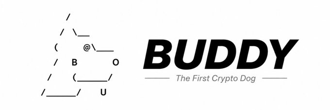 A black and white ASCII art logo of a dog appears alongside the bold text "BUDDY" with the tagline "The First Crypto Dog" beneath it, matching the new banner image for the Solana token $Buddy on Moby.