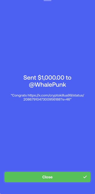 A confirmation screen shows a $1,000.00 transaction sent to @WhalePunk, including a congratulatory message and a link to a tweet. The image appears to serve as proof of the giveaway payment to the winner, @WhalePunk, as mentioned in the accompanying post.