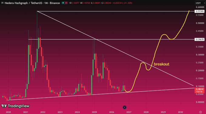A monthly TradingView chart of Hedera Hashgraph (HBAR) vs TetherUS (USDT) on Binance showing a descending triangle pattern with a projected breakout curve reaching toward $0.60 by 2030.