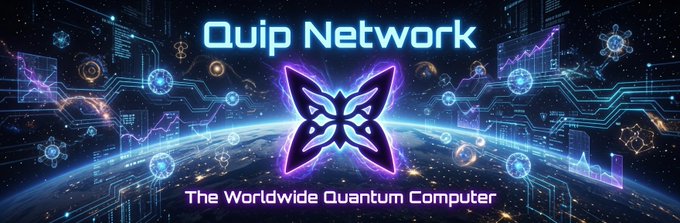 Futuristic banner for 'Quip Network - The Worldwide Quantum Computer,' featuring a glowing purple butterfly emblem against a space backdrop with digital circuitry and orbs.