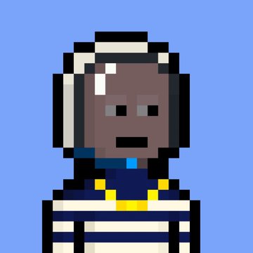 A pixel art character with dark skin, wearing a striped helmet and a striped shirt with yellow suspenders, depicted against a blue background.