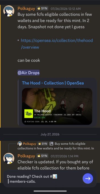 A screenshot of a Telegram channel called 'Polkaguy' discussing buying FCFS (First Come First Serve) eligible NFT collections for a mint, with a link to 'The Hood' collection on OpenSea.