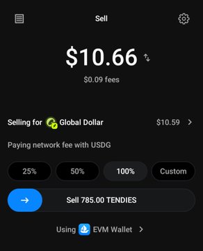 A screenshot of a cryptocurrency trading app displaying a 'Sell' order for $10.66 with a $0.09 fee, showing 'Selling for Global Dollar $10.59' and 'Sell 785.00 TENDIES' using an 'EVM Wallet'.