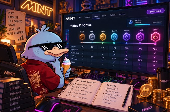 A digital illustration of a blue cartoon character wearing pixelated sunglasses, holding an ice cream cone, sitting at a desk with a notebook titled 'My MINT Checklist' and 'Rewards' including Rakeback, Daily rewards, Weekly lootbox, Lock boosts, Raffle access, and Airdrops. Behind the character is a monitor showing 'MINT' website with 'Status Progress' levels (1-7) and a checklist on the wall reading 'PLAY, EARN XP, GET $MNTD, STAKE, LEVEL UP, MORE REWARDS'.