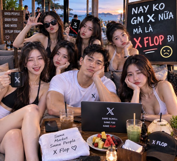 A group of friends pose together at an outdoor beachside café, surrounded by "X FLOP" branded merchandise and signs reading "NAY KO GM X NỮA MÀ LÀ X FLOP ĐI" and "GOOD PEOPLE GOOD FOOD BAD MOOD X FLOP TODAY," with a laptop displaying "X — SAME SCROLL, SAME FUD, SAME FLOP." The image humorously illustrates the post's message of being "fed up with X, not GM-ing anymore" by showcasing an ironic "X FLOP" brand instead of the usual GM (good morning) greeting.
