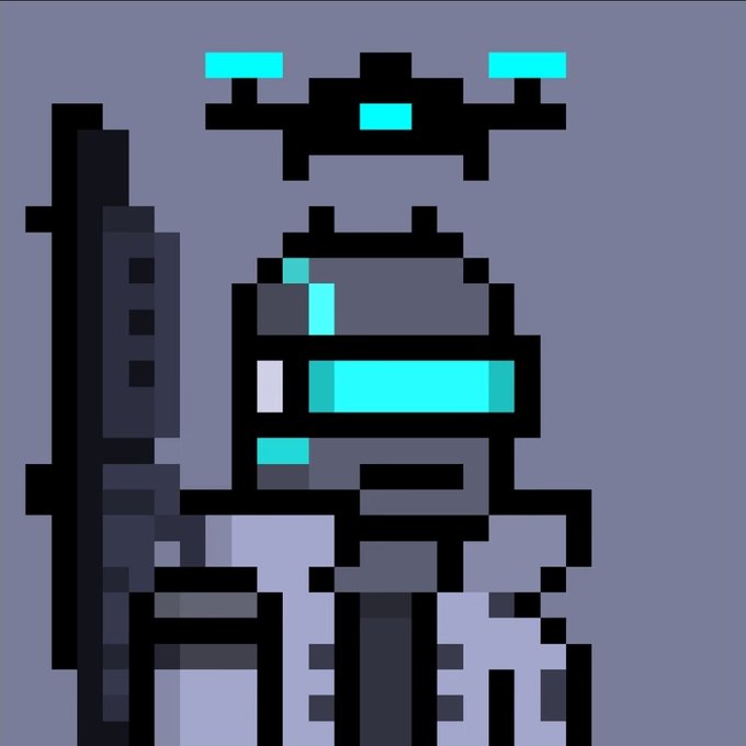 A pixel art illustration of a robotic figure with cyan glowing eyes and details, holding what appears to be a weapon, set against a gray background.