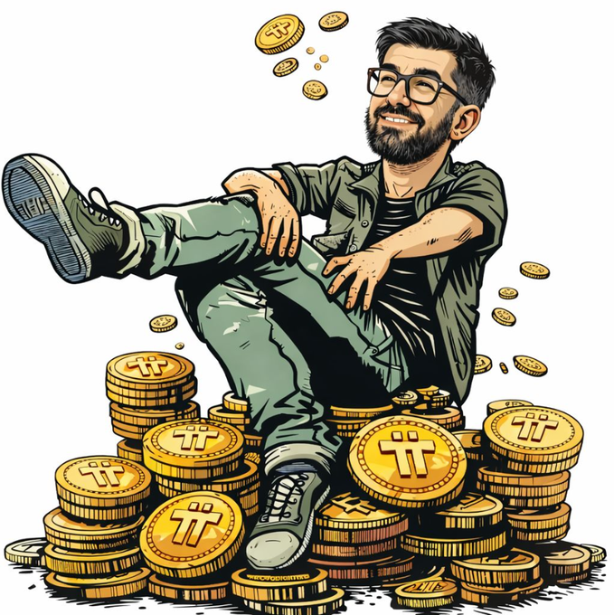 A smiling, bearded man with glasses lounges confidently atop a massive pile of gold "π" (Pi) coins, with more coins raining down around him. The image symbolizes the post's message of Pi Network's prosperity following v27, where the platform's advanced features—DEX, smart contracts, and scalability—position holders to reap massive rewards as the ecosystem reaches new heights.