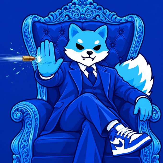 A blue cartoon dog character in a suit and sneakers sits on an ornate blue throne, holding up a hand to stop an incoming bullet.