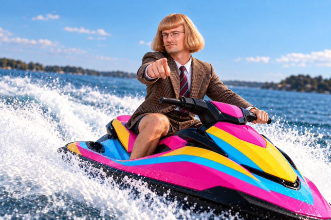A man with a blonde bob haircut, glasses, a brown tweed jacket, and striped tie rides a brightly colored pink, yellow, and blue jet ski across water while pointing at the camera.