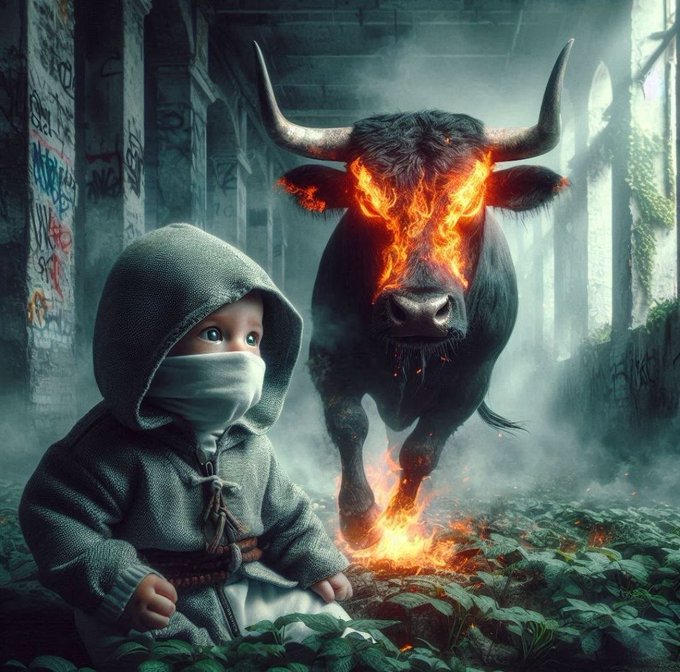 A dark fantasy digital artwork showing a small child in a hooded jacket and face mask sitting amid greenery in an abandoned, graffiti-covered industrial building, confronting a massive charging bull whose face and hooves are engulfed in flames.