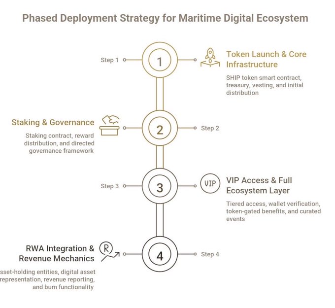 An infographic titled 'Phased Deployment Strategy for Maritime Digital Ecosystem' showing four steps: Token Launch & Core Infrastructure, Staking & Governance, VIP Access & Full Ecosystem Layer, and RWA Integration & Revenue Mechanics.