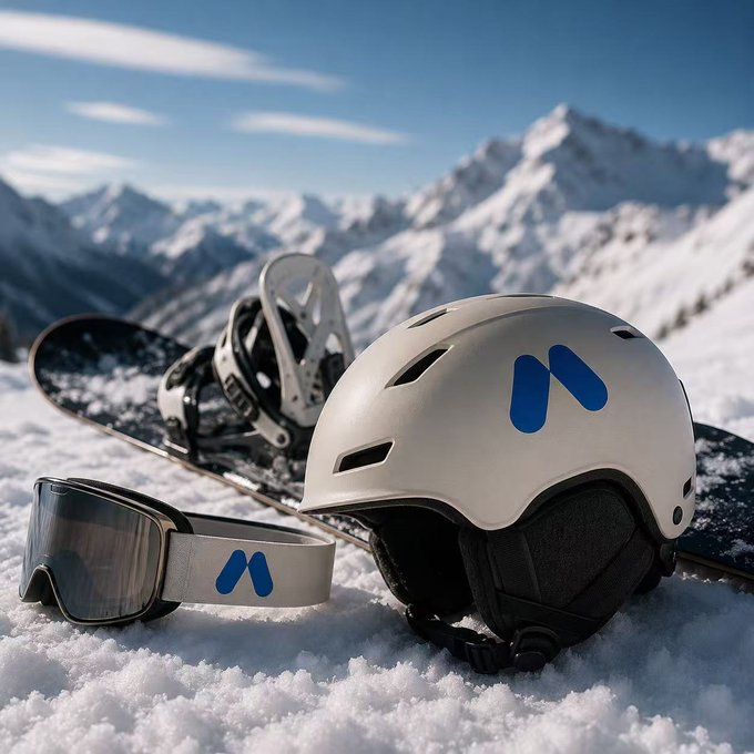 A white and blue snowboard helmet with matching goggles rests on snow with a snowboard and bindings, set against a mountain landscape.