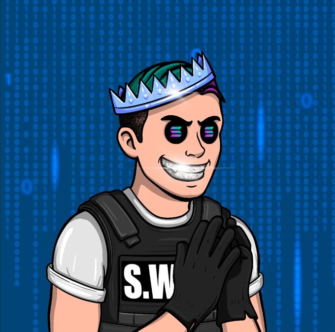 A cartoon illustration of a character wearing a shiny crown, black gloves, and a tactical vest labeled 'S.W', grinning widely against a blue digital background with falling numbers.