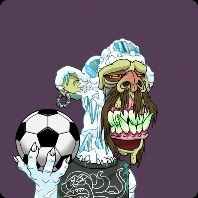 A grotesque, cartoon-style illustration of a monstrous creature with a wide toothy grin, messy brown facial hair, and winter clothing holding a black-and-white soccer ball.