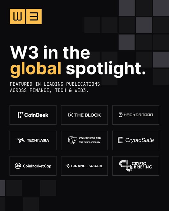 'W3 in the global spotlight' graphic showing the W3 logo and listing featured publications including CoinDesk, The Block, HackerNoon, TechInAsia, Cointelegraph, CryptoSlate, CoinMarketCap, Binance Square, and Crypto Briefing.