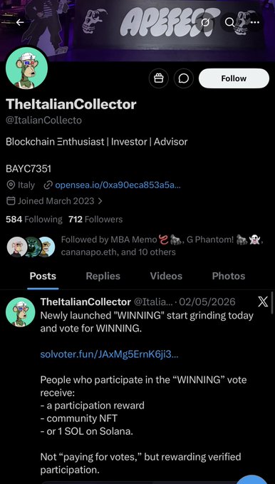 A screenshot of a social media platform displaying an Italian collector's twitter page. The post contains information about various individuals, including the hashtag "#ItalianCollector", which might be related to this user. One interesting detail is that there are some people who have won a new voting account on the platform. Several users with various names and descriptions are featured in the post, creating an engaging list of notable figures from the Italian collector's community.