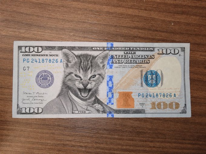 A modified US $100 bill novelty note featuring a grinning tabby cat in place of Benjamin Franklin, labeled 'Tygr' at the bottom, resting on a wooden surface.
