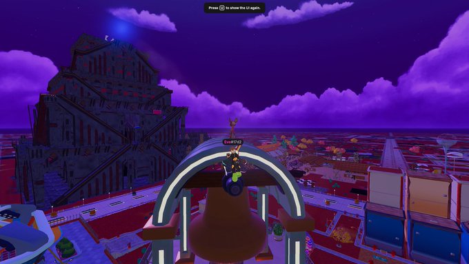 A screenshot from a video game showing a character riding a bell-shaped contraption over a stylized red cityscape under a purple sky, with the instruction 'Press [button] to view the UI again' at the top.