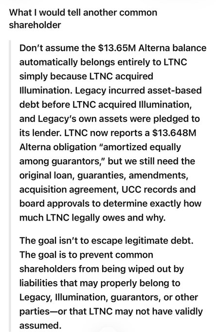 A text excerpt titled 'What I would tell another common shareholder' discusses concerns about a $13.65M Alterna balance potentially linked to LTNC's acquisition of Illumination, addressing debt and shareholder liability issues.
