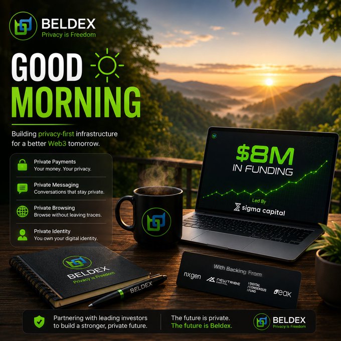A BELDEX promotional graphic reading 'GOOD MORNING' advertises $8M in funding led by Sigma Capital, featuring privacy-first infrastructure services for Web3.