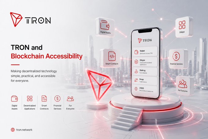 A TRON promotional graphic titled 'TRON and Blockchain Accessibility' with the tagline 'Making decentralized technology simple, practical, and accessible for everyone,' featuring a smartphone interface highlighting features like Wallet, DApps, Staking, Swap, and USDO.