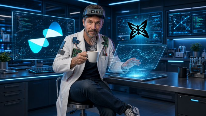 A man in a white lab coat and a futuristic headband sits in a high-tech lab, holding a coffee cup, with glowing blue digital butterfly symbols floating around holographic screens.