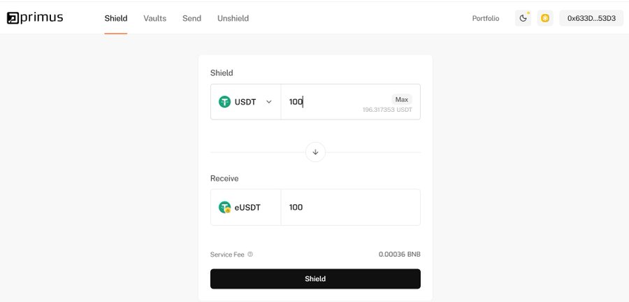A screenshot of the 'primus' crypto interface showing a Shield transaction to convert 100 USDT into 100 eUSDT with a service fee of 0.00036 BNB.