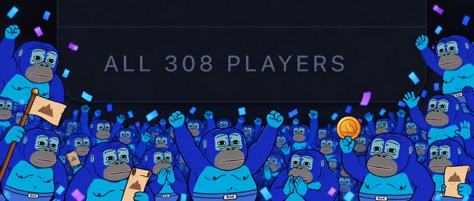 An illustration shows a crowd of blue gorilla characters cheering amid confetti beneath a banner reading 'ALL 308 PLAYERS'.