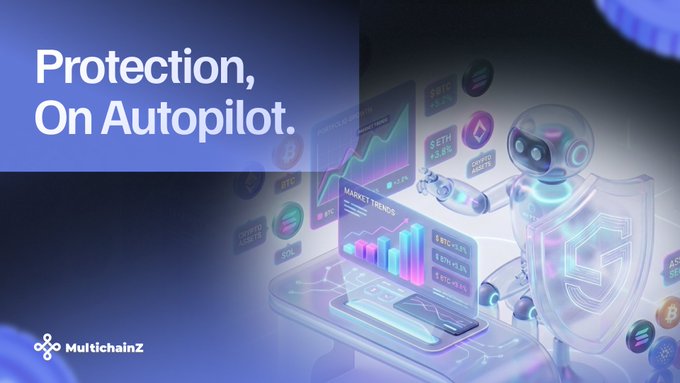 A promotional graphic featuring the text 'Protection, On Autopilot.' alongside the 'MultichainZ' logo, depicting a futuristic robot and crypto market charts.
