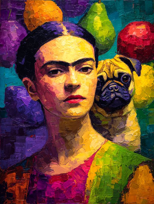 A colorful, textured oil painting depicts a woman with dark hair next to a pug, surrounded by brightly colored fruit-like shapes.