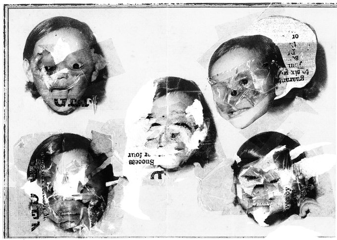 A collage artwork features multiple fragmented black-and-white portraits of faces overlaid with torn paper textures and pieces of printed text including 'Success' and other legible fragments.