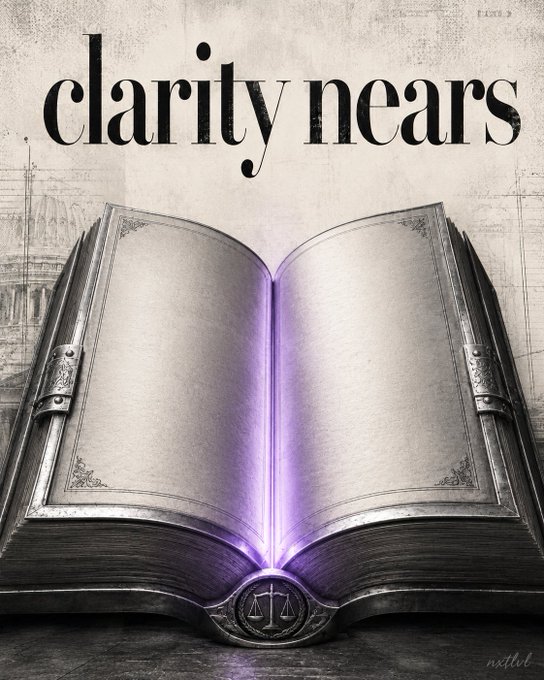 An artistic image showing an open book with blank pages glowing with purple light, with the text 'clarity nears' above it and a scales of justice emblem at the bottom.