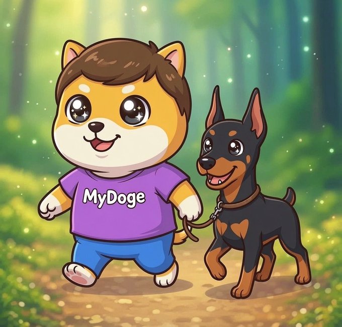 A cartoon-style illustration shows a chibi character with dog ears and brown hair wearing a purple shirt reading 'MyDoge', walking a black and tan Doberman on a leash through a sunlit forest path.