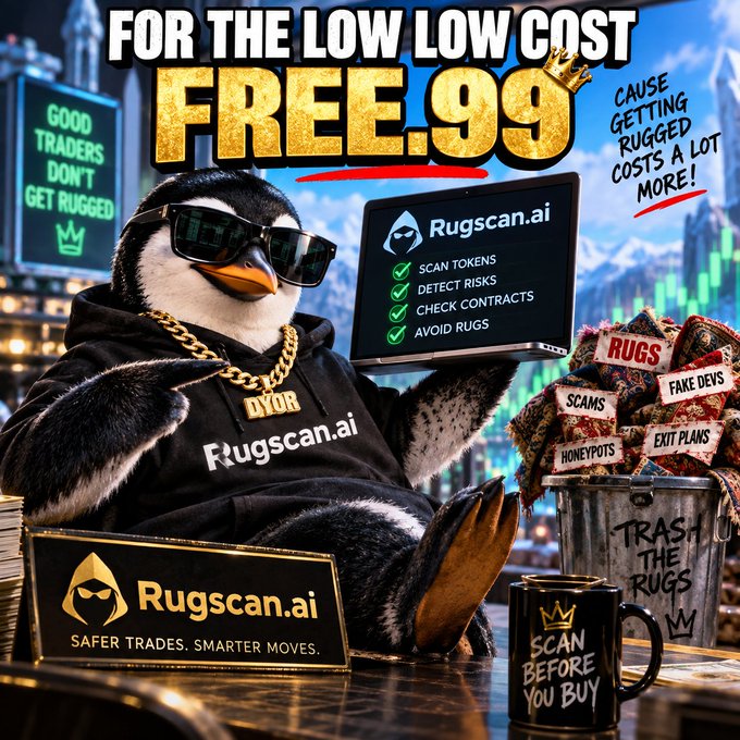 An advertisement for Rugscan.ai featuring a penguin wearing sunglasses and a gold chain, promoting features like scanning tokens, detecting risks, checking contracts, and avoiding rugs, priced 'FREE.99'.