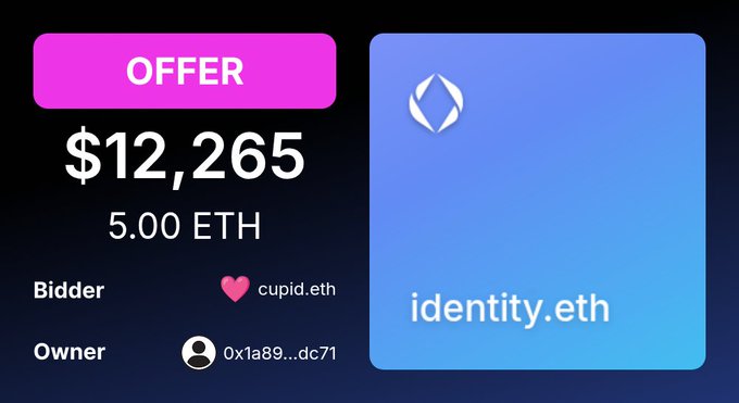 An NFT offer screen showing a bid of $12,265 (5.00 ETH) for 'identity.eth' domain by bidder cupid.eth, with owner listed as 0x1a89...dc71.