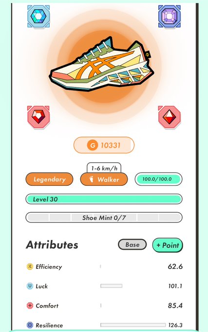 A mobile game interface displays a "Legendary" running shoe at Level 30 with attributes: Efficiency 62.6, Luck 101.1, Comfort 85.4, and Resilience 126.3, alongside a G token balance of 10331.