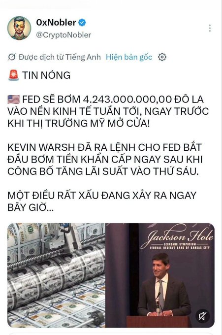 A tweet from OxNobler (@CryptoNobler) in Vietnamese claiming "TIN NÓNG" that the FED will inject $4.243 trillion into the economy following a rate hike announcement by Kevin Warsh.