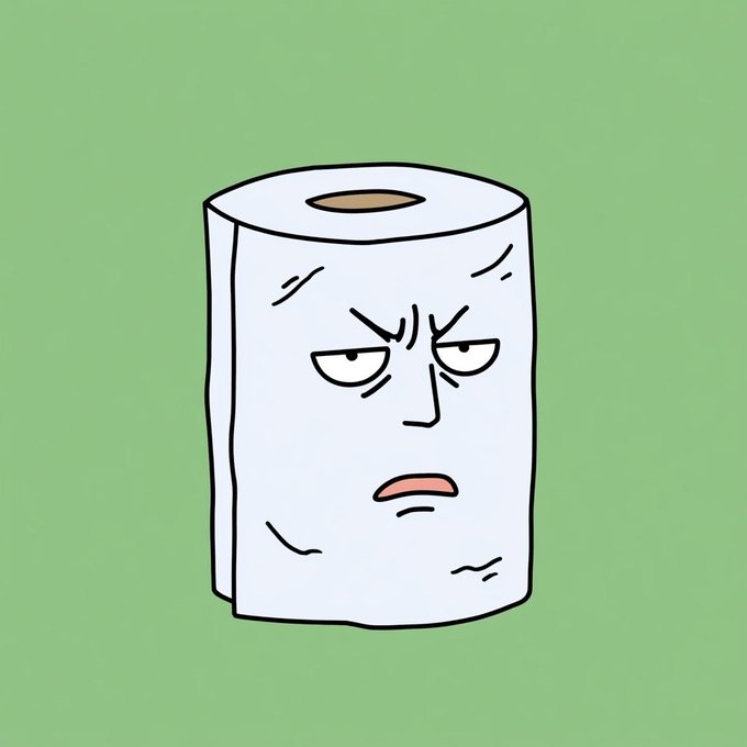 A cartoon illustration of an anthropomorphized toilet paper roll with an angry, tired expression on a light green background.