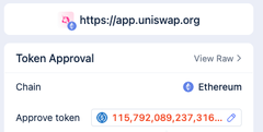A phone screen showing a token approval interface on https://app.uniswap.org for the Ethereum chain, with an approval amount of 115,792,089,237,316... displayed.
